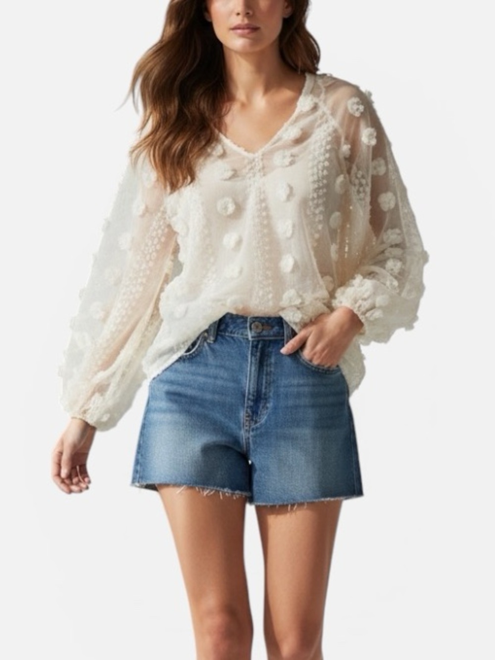 Calypso St. Barth Semi Sheer Applique Balloon Sleeve Top Small/Medium best